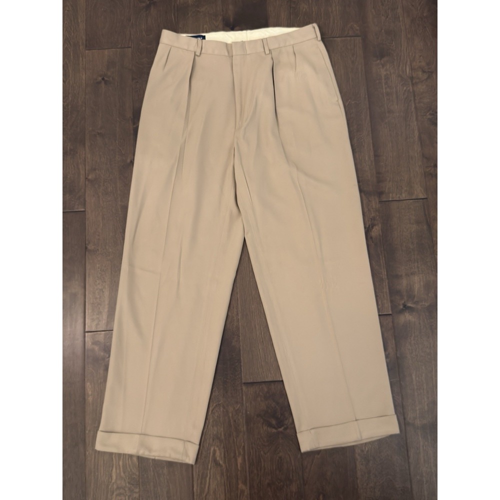 Polo Golf Ralph Lauren Mens Khaki Beige Pleated Cuffed Dress Pants Size 35X31